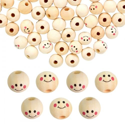 100 Stück Holzperlen mit Gesicht, Holzkugeln mit Loch, Lächelndes Gesicht Holzperlen, Holzköpfe mit Gesicht, Smiley Holzperlen, für DIY Bastelarbeiten, Halskette, Armband (12 mm) von Cleminsta