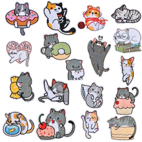 18 Stück Aufbügel Patches, Aufnäher zum Aufbügeln im Katzen-Design, Flicken zum Aufbügeln, Bügelflicken ideal zum Aufbügeln auf Jeans, Jacken, Rucksäcke - Kreativer Patch-Aufkleber für DIY von Cleminsta