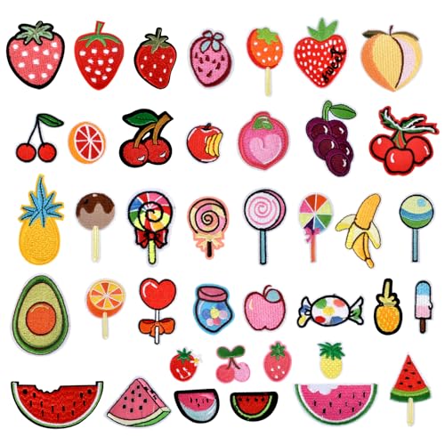 40 Stück Obst-Aufnäher zum Aufbügeln für Kinderkleidung, Kinder Frucht Cartoon Kleidung Patches, Iron on/Sew on Patches Applique für Jacken, Rucksäcke, Mützen, Jeans zum Dekorieren von Kleidung von Cleminsta