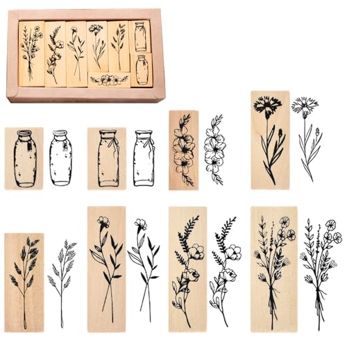 8 Stück Pflanze Mustern Stempel, Vintage Natürliche Pflanze Stempel Set, Holzstempel zum Basteln mit Pflanzen Mustern, Gummi Holz Stempel zum Basteln Geschenkanhänger, DIY Fotoalben, Sammelalben von Cleminsta