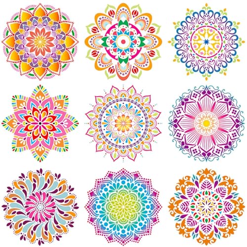 9 Stück Mandala Schablone Set, Wiederverwendbare Malerei Vorlage Zubehör Blumen Handwerk Scrapbooking Stencils Set, Blumen Schablone für Malerei mit Farbe Oder Bleistift, DIY Scrapbooking von Cleminsta