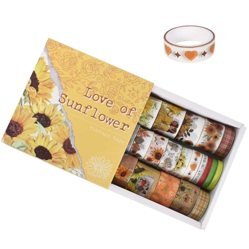 Cleminsta 20 Rollen Retro Washi Tape Set, Vintage Pflanze Blume Scrapbook Zubehör Set, Masking Tape Dekoratives Klebeband für Scrapbooking, Bullet Tagebuch, Geschenkverpackung (Sonnenblume) von Cleminsta