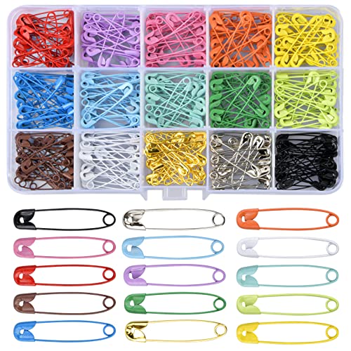 Cleminsta 300 Stück Sicherheitsnadeln, 31 mm Bunte Kleidung Sicherheitsnadeln, Rostbeständig Sicherheitsnadeln, Kleine Bastel Sicherheitsnadeln mit Aufbewahrungsbox für DIY Stricken Nähen, 15 Farben von Cleminsta