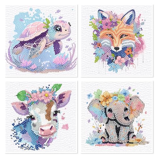 4er Set 5D Diamond Painting Kinder Süße Tiere,Diamant Painting Bilder Kinder,Diamond Painting ohne Rahmen Mädchen Junge 6-8-10-12 Jahre,DIY Voller Crystal Strass Diamantmalerei Set für Kinder 15x15cm von Clendo