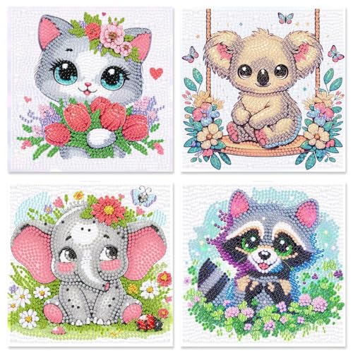 4er Set 5D Diamond Painting Kinder Süße Tiere,Diamant Painting Bilder Kinder,Diamond Painting ohne Rahmen Mädchen Junge 6-8-10-12 Jahre,DIY Voller Crystal Strass Diamantmalerei Set für Kinder 15x15cm von Clendo