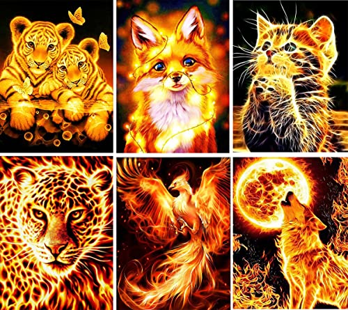 Clendo 6 Set Tiere Diamond Painting Erwachsene,DIY Diamond Painting Katze,5D Diamond Painting Wolf,Fuchs Diamant Painting Bilder,Diamanten Painting Bilder Erwachsene für Home Wall Decor 12''×16'' von Clendo