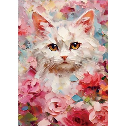 Malen Nach Zahlen Erwachsene Weiße Katze,Bastelset Erwachsene Gemälde Blumen,Kreativ Set für Erwachsene,DIY Handgemalt Ölgemälde Kit für Anfänger und Erwachsene für Geschenke 30X40cm von Clendo