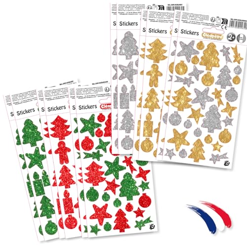 CLEOPATRE - 12 Stück Selbstklebende Weihnachtsaufkleber - 344 Sticker - 4 Farben Gold, Silber, Grün, Rot - Kreative Freizeit Weihnachten Kinder von Cléopâtre