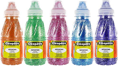 Cléopâtre PP250x5A Schulmalfarbe Nefertari Glitzerfarbe Set, Lernmaterialien, 250 ml, orange/Grun/magenta/blau/violett von Cléopâtre