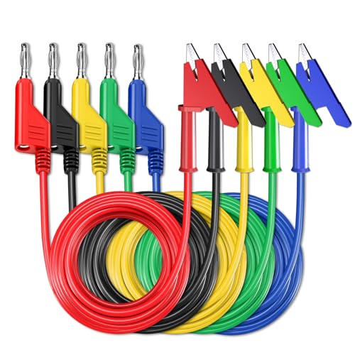 Cleqee 5 Stück Krokodilklemmen zu Bananenstecker Kabel, Stapelbare 4 mm Bananenbuchse Messleitungen für Multimeter, Klemmen Messkabel, 1 M/3,3 ft Prüfkabel Weiche Draht 5 Farbe von Cleqee