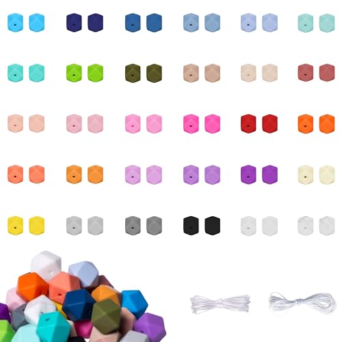 Silikonperlen, sechseckig, 14 mm, 60 Stück, sechseckige Silikonperlen für Schlüsselanhänger, Großpackung mit 30 Farben, große polygonale, lose runde Gummiperlen für Stifte, Halsketten, Armbänder, von Clever Beads