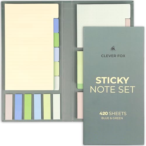 Clever Fox Haftnotizen Set - 420 linierte Notizen, Tabs & Lesezeichen für Bücher & Notizbücher - Büro Schreibtisch Zubehör & Zubehör (Blau & Grün) von Clever Fox