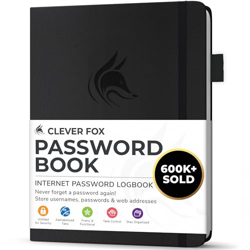 Clever Fox Passwortbuch mit Registerkarten - Adress- und Passwort-Organisationsbuch mit alphabetischen Registerkarten - Kleines Passwortbuch für Computer- und Website-Logins, Schwarz von Clever Fox