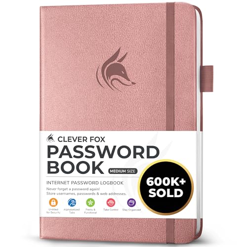 Clever Fox Passwortbuch mit Registerkarten - Adress- und Passwort-Organisationsbuch mit alphabetischen Registerkarten - Mittelgroßes Passwortbuch für Computer- und Website-Logins, Roségold von Clever Fox