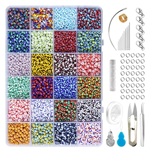 Glas-Rocailles, kleine Streifen, Perlen, sortiertes Set mit Box für Schmuck, Armbänder, Bastelarbeiten, 24 Stile, ca. 9600 Stück (Einheitsgröße) von Clivea