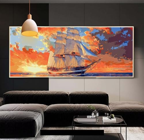 Clldy Diamond Painting erwachsene groß xxl 90x250 cm，5D Diamant Painting Bilder Sonnenuntergang Segelboot DIY Diamond Painting zubehör set，Full Round Diamant Malerei Stickerei Set Home Wand Dekor E81 von Clldy