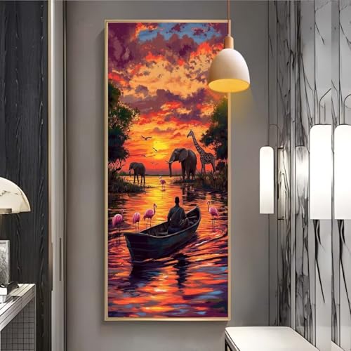 Diamond Painting groß Afrika Sonnenuntergang，DIY 5D voller Round Diamant Painting Bilder Mosaikherstellung Cross Stickerei Malerei Kits Erwachsene für Geschenk Zuhause Wanddekoration 100x260 cm F7 von Clldy