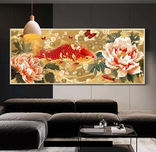 Diamond Painting groß Koi-Fische Blumen，DIY 5D voller Round Diamant Painting Bilder Mosaikherstellung Cross Stickerei Malerei zubehör Kits Erwachsene für Geschenk Zuhause Wanddekoration 90x250 cm E84 von Clldy