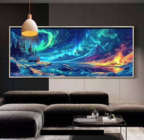 Diamond Painting groß Nordlicht Landschaft，DIY 5D voller Round Diamant Painting Bilder Mosaikherstellung Cross Stickerei Malerei Kits Erwachsene für Geschenk Zuhause Wanddekoration 90x250 cm E98 von Clldy