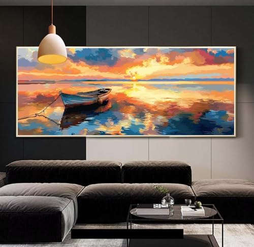 Diamond Painting groß Sonnenuntergang Boot，DIY 5D voller Round Diamant Painting Bilder Mosaikherstellung Cross Stickerei Malerei Kits Erwachsene für Geschenk Zuhause Wanddekoration 100x260 cm F3 von Clldy