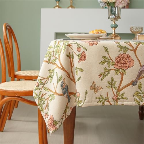 Clothfuna Quadratische Tischdecke mit Blumen und Vögeln, Leinen, abwischbar, Frühlingsblumen, wasserdichte Tischdecke für Esstisch im Freien, 130 x 130 cm, Beige 2 von Clothfuna