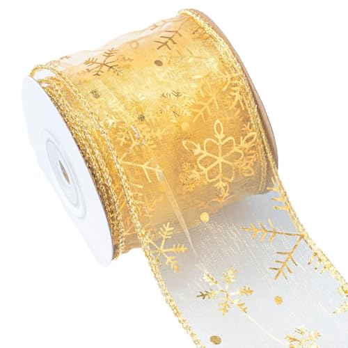 9,1 m Weihnachtsbaumband, Schneeflocken-Organzaband, Drahtband, Weihnachtsbaum-Geschenkband, Schneegarn, Band für DIY, Handwerk, Geschenkverpackung, Weihnachten, Hochzeit, Party, Dekoration (Gold) von Cloudpower