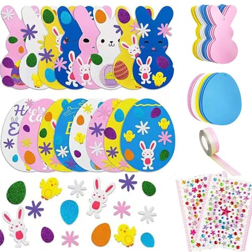 CloverCy 32 Stück Ostern Bastelset Kinder, DIY Osterhase zum Basteln, Ostern Aufkleber Sticker, Osterdeko Kreativsets zum Basteln Handarbeit, Moosgummi Kreativsets für Frühling zum Dekorieren von CloverCy