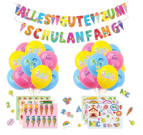 Einschulung Deko, Schuleinführung Schulanfang Deko Set, 1Alles Gute zum Schulanfang Girlande, 18 Schulkind Luftballons, 6 Einschulung Sticker für Mädchen Junge von CloverCy