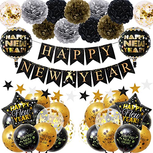 Silvester Deko 2024 Party Set XXL Neujahr Silvesterdeko Schwarz Gold Dekoration Happy New Year Girlande Luftballons Pompoms Blumen für Silvesterparty von CloverCy