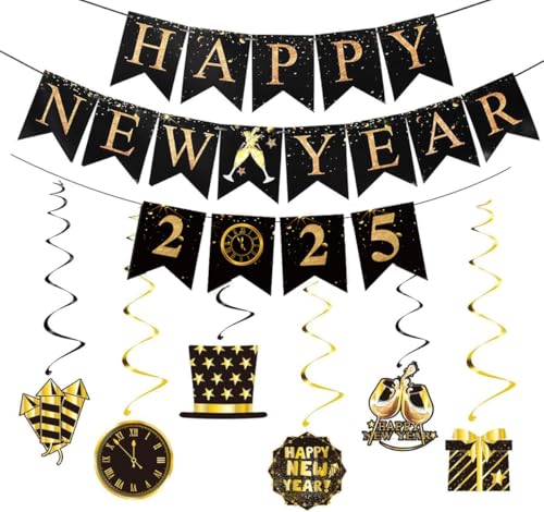 Silvester Deko 2025 Happy New Year Girlande Banner 2025 Hängende Wirbel Dekoration Silversterdeko Party Set Schwarz Gold Spiral Girlanden für NeuJahr Party Deko von CloverCy