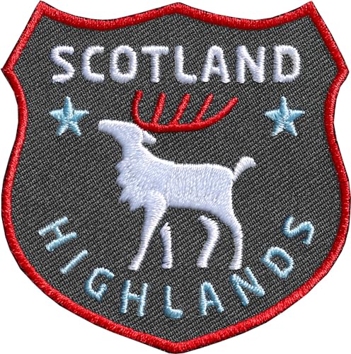 2 x Schottland Highlands Patch 60 x 61 mm hochwertig gestickt/Aufbügler Aufnäher Bügel-Flicken zum bügeln Aufnähen auf Kleidung Rucksack/Reiseführer England Irland Hirsch Britain (Grau) von Club of Heroes