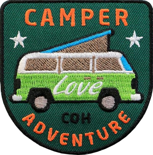 2 x Vanlife Camper Patch gestickt 68 x 69 mm/Patches Aufnäher Aufbügler Bügel-Flicken zum Aufbügeln/Caravan Caravaning Wohnmobil Camping-Bus Campen Reisen Camping Wohnwagen (Tannengrün) von Club of Heroes