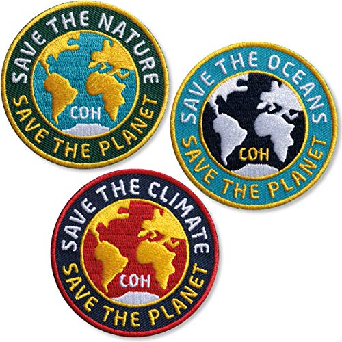 3er-Set, Save the Planet Patch 62 mm gestickt/Aufbügler Aufnäher Flicken zum aufbügeln aufnähen/Schutz Umwelt Natur Erde Klima CO2 Artenschutz Naturschutz Klimaschutz Mensch Peace Frieden (Set) von Club of Heroes