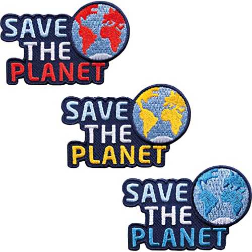 3er-Set, Save the Planet Patch 70 x 46 mm gestickt/Aufbügler Aufnäher Flicken Bügelflicken zum aufbügeln aufnähen/Nachhaltigkeit Umwelt Natur Erde Klima Artenschutz Naturschutz Klimaschutz (Set 2) von Club of Heroes