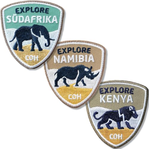 3er-Set gestickte Patches Namibia, Kenia, Südafrika 55 x 60 mm/Afrika Safari Tiere Elefant Nashorn Löwe Reise/Patch Aufnäher Aufbügler Flicken Bügelbild/Reiseführer Buch von Club of Heroes