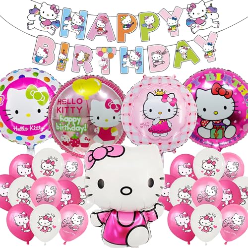 30Pcs Kindergeburtstag Party Dekoration, Kitty Ballon Zubehör Set mit Happy Birthday Banner, Kitty Folienballons, Latex Luftballons, Cartoon Geburtstag Deko Set für Mädchen Junge von Clvsyh