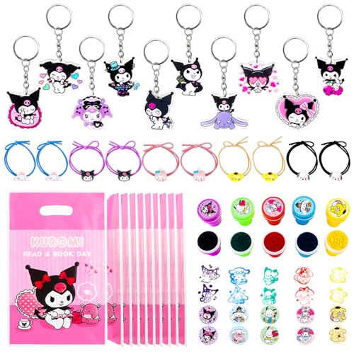 40 Stück Kuromi Party Mitgebsel Set, Stempel Kinder, Haargummis Mädchen, Schlüsselanhänger Silikon, Anime Geschenktüten, Kuromi Kindergeburtstag Gastgeschenke für Junge und Mädchen von Clvsyh