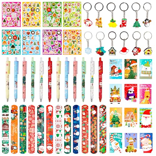 56Pcs Weihnachten Party Mitgebsel, Weihnachtss Schlüsselanhänger, Weihnachtsstifte Set, Weihnachts Mini Notizblock, Weihnachten Wasserfeste Aufkleber, Slap Armbänder Kinder, Weihnachts Mitgebsel Set von Clvsyh