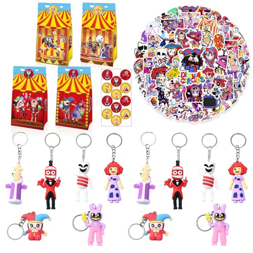 74 Stück Clown Party Mitgebsel Kindergeburtstag, Zirkus Schlüsselanhänger, Anime Geschenktüten, Cartoon Wasserfeste Aufkleber, Geschenk Tasche, Kindergeburtstag Gastgeschenke Set von Clvsyh