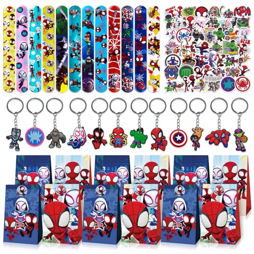 86 PCS Spidey and His Amazing Friends Kindergeburtstag Party Mitgebsel, 12 Geschenktüten, 12 × Armbänder, 12 × Schlüsselanhänger, 50 × Aufkleber, für Kinder Party Supplies Giveaway Gastgeschenk von Clvsyh