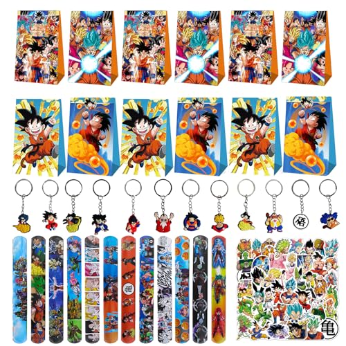 86Pcs Dragonball Kindergeburtstag Geschenk Set, 12 Slap Armbänder + 12 Goku Party Geschenktüten + 12 Schlüsselanhänger + 50 Goku Aufkleber, für Jungen Mädchen Kindergeburtstag Party Mitgebsel von Clvsyh