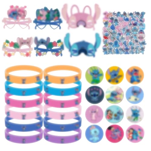 86Pcs Li-lo & Stit-ch Kinder Geburtstag Party Mitgebsel, Silikonarmbänder, Cartoon Papier Masken, Rund Button Pins, Cartoon Aufkleber, Stit-ch Geburtstag Party Favours von Clvsyh