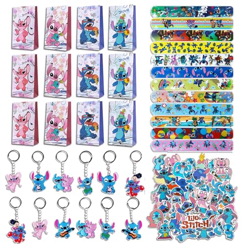 86Pcs Lilo & st-itch Party Mitgebsel Set, 12 Silikon Armband + 12 Schlüsselanhänger + 12 Geschenktaschen + 50 Kinder Aufkleber, für Jungen Mädchen Party Zubehör Geschenke von Clvsyh