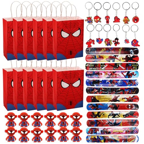 Clvsyh 48 Stück Spinnenman Party Mitgebsel, Mit Spider Geschenk Taschen Schlüsselanhänger Schnapparmband Spider No-Turn Spielzeug, Für Jungen Mädchen Spider-Man party zubehör von Clvsyh