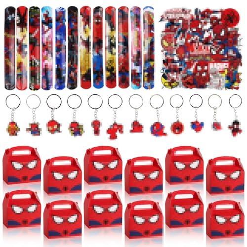 Clvsyh 86PCS Cartoon Spider Theme Party Mitgebsel Set, Spinnenman Kindergeburtstag Geschenk mit Armband Schlüsselanhänger Süßwarenbox Aufkleber Für Jungen Mädchen Geburtstagsparty von Clvsyh