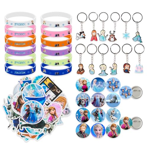 Clvsyh 86Pcs Kinder Geschenke Party Zubehör, Buttons Anstecker, Silikon Armbänder, Silikon Schlüsselanhänger, Cartoon Aufkleber, Prinzessin Geburtstag Party Geschenke für Jungen und Mädchen von Clvsyh