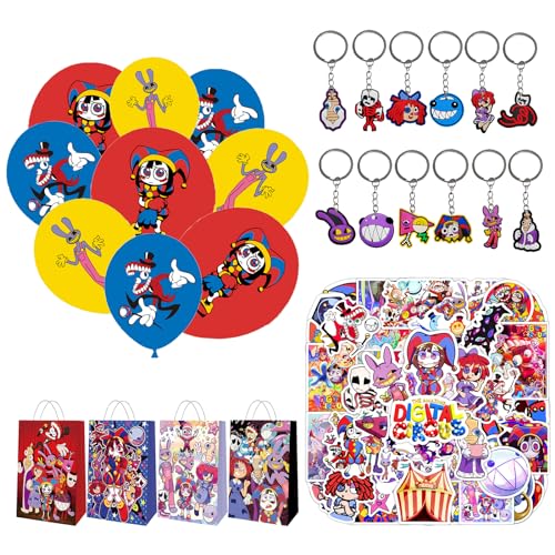 Clvsyh 92 Stück Digitaler Zirkus Partygeschenke, Zirkus Geschenktüten, Clown Schlüsselanhänger, Cartoon Aufkleber, Zirkus Luftballons, Digitaler Zirkus Party Mitgebsel Set für Jungen und Mädchen von Clvsyh