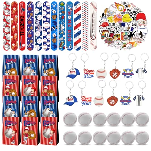 Clvsyh 98PCS Baseball Kindergeburtstag Partygeschenke, Baseball Party Mitgebsel Set, Pressball Geschenktüten Schlüsselanhänger Schnapparmband Aufkleber Baseball Sport Partyzubehör Für Jungen von Clvsyh