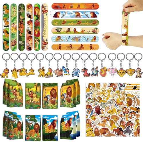 Clvsyh Löwen Kindergeburtstag Party Mitgebsel Set, 86 PCS Löwe Cartoon-Thema Partygeschenke Mit Slap Armbänder Schlüsselanhänger Geschenktaschen Aufkleber Für Kinderparty von Clvsyh