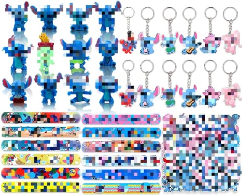 86Pcs Stit-ch Party Mitgebsel, Cartoon Aufkleber + Schnapparmbänder + Mini Figuren Set + Cartoon Schlüsselanhänger, Stit-ch Party Geschenk für Mädchen Jungen von Clvsyh